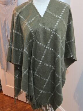 Olive Green Windowpane Fringe Poncho